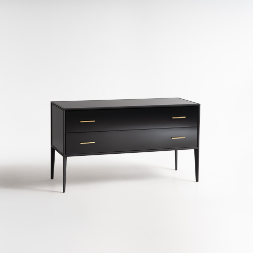 Comò Aspen nero con maniglie ottone lucido tre quarti