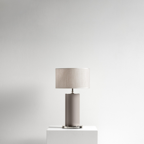 Lampada da tavolo Perseo greige lucido con paralume linen light foto frontale